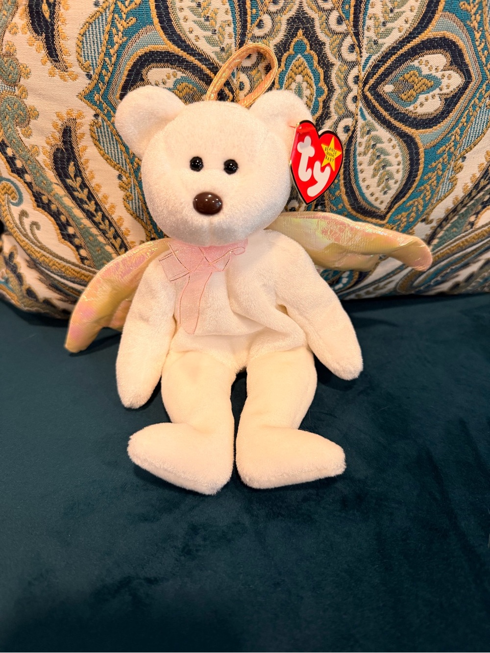 Ty White Angel Bear Plush with Iridescent Pastel Wings-Halo